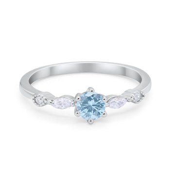 Petite Dainty Wedding Ring Round Simulated Aquamarine CZ 925 Sterling Silver